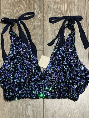 Free People Sequin Halter Crop Top - Black Iridescent with Shoulder Ties